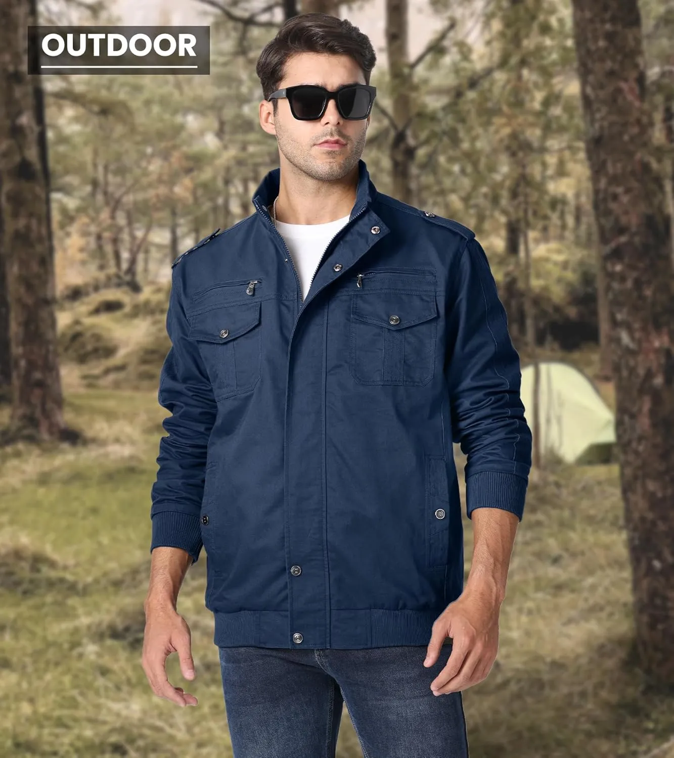 EKLENTSON Men's Cotton Lightweight Multi Pockets Zip Front Stand Collar Military Jackets Windbreaker