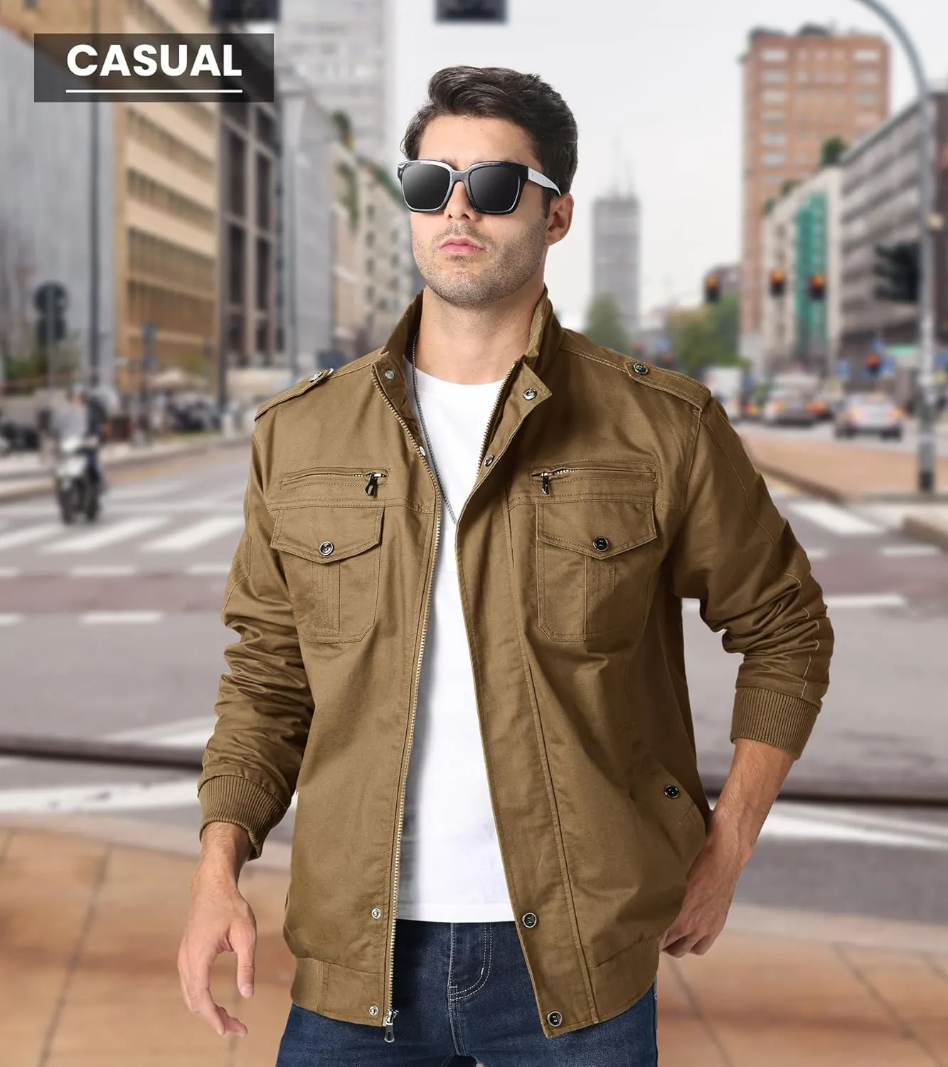 EKLENTSON Men's Cotton Lightweight Multi Pockets Zip Front Stand Collar Military Jackets Windbreaker