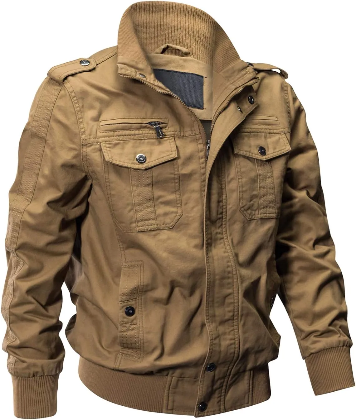 EKLENTSON Men's Cotton Lightweight Multi Pockets Zip Front Stand Collar Military Jackets Windbreaker