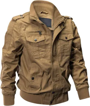 EKLENTSON Men's Cotton Lightweight Multi Pockets Zip Front Stand Collar Military Jackets Windbreaker