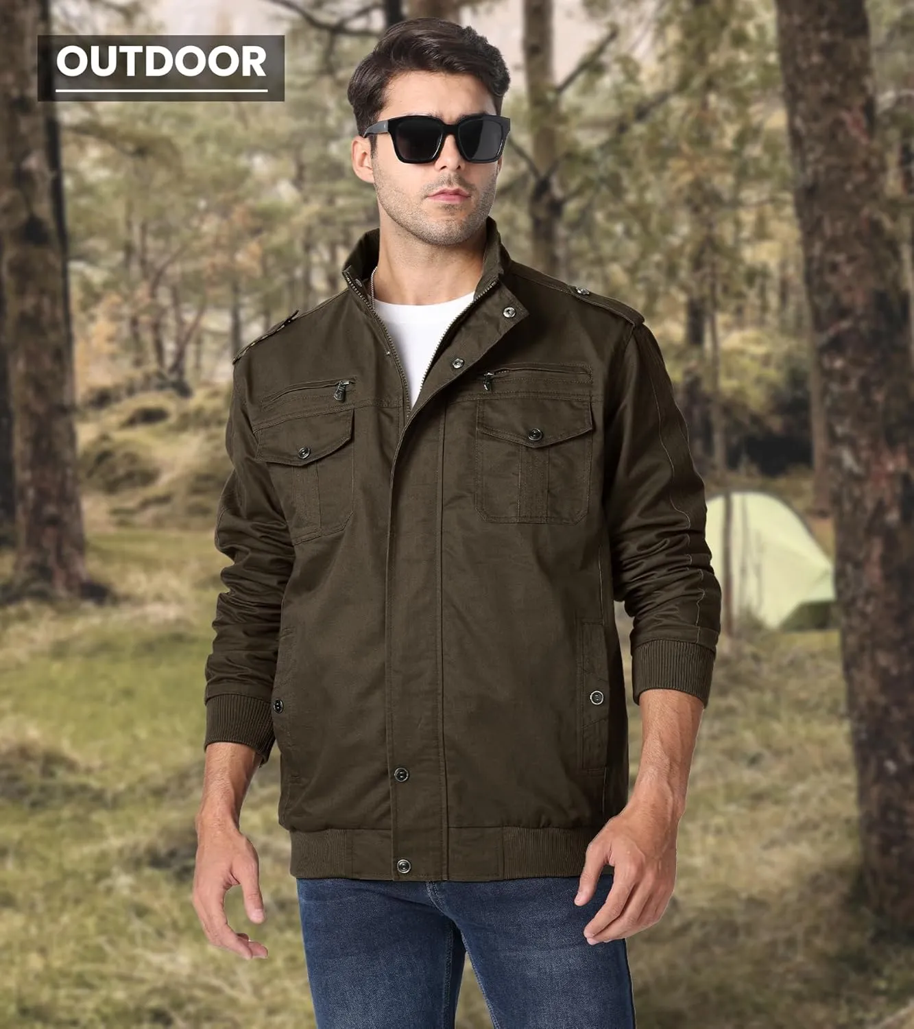 EKLENTSON Men's Cotton Lightweight Multi Pockets Zip Front Stand Collar Military Jackets Windbreaker