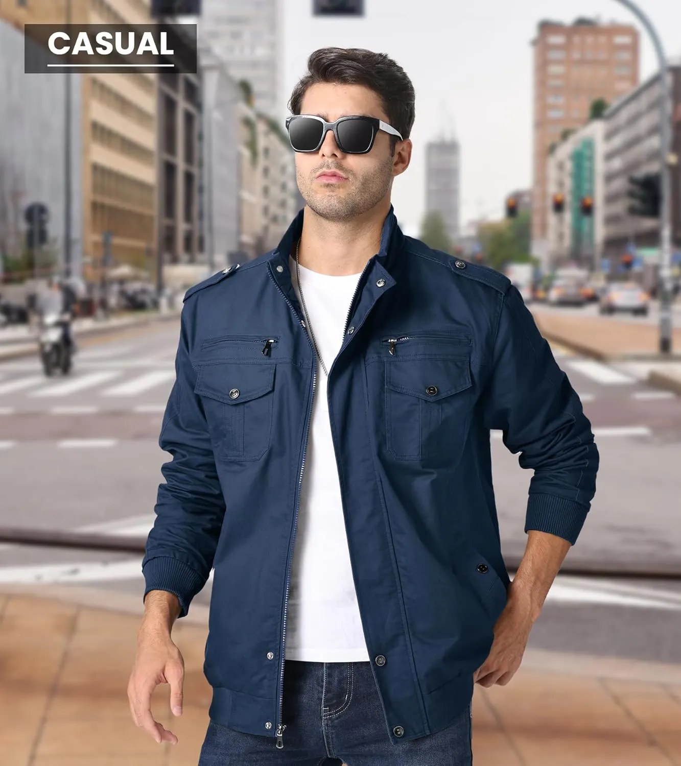 EKLENTSON Men's Cotton Lightweight Multi Pockets Zip Front Stand Collar Military Jackets Windbreaker