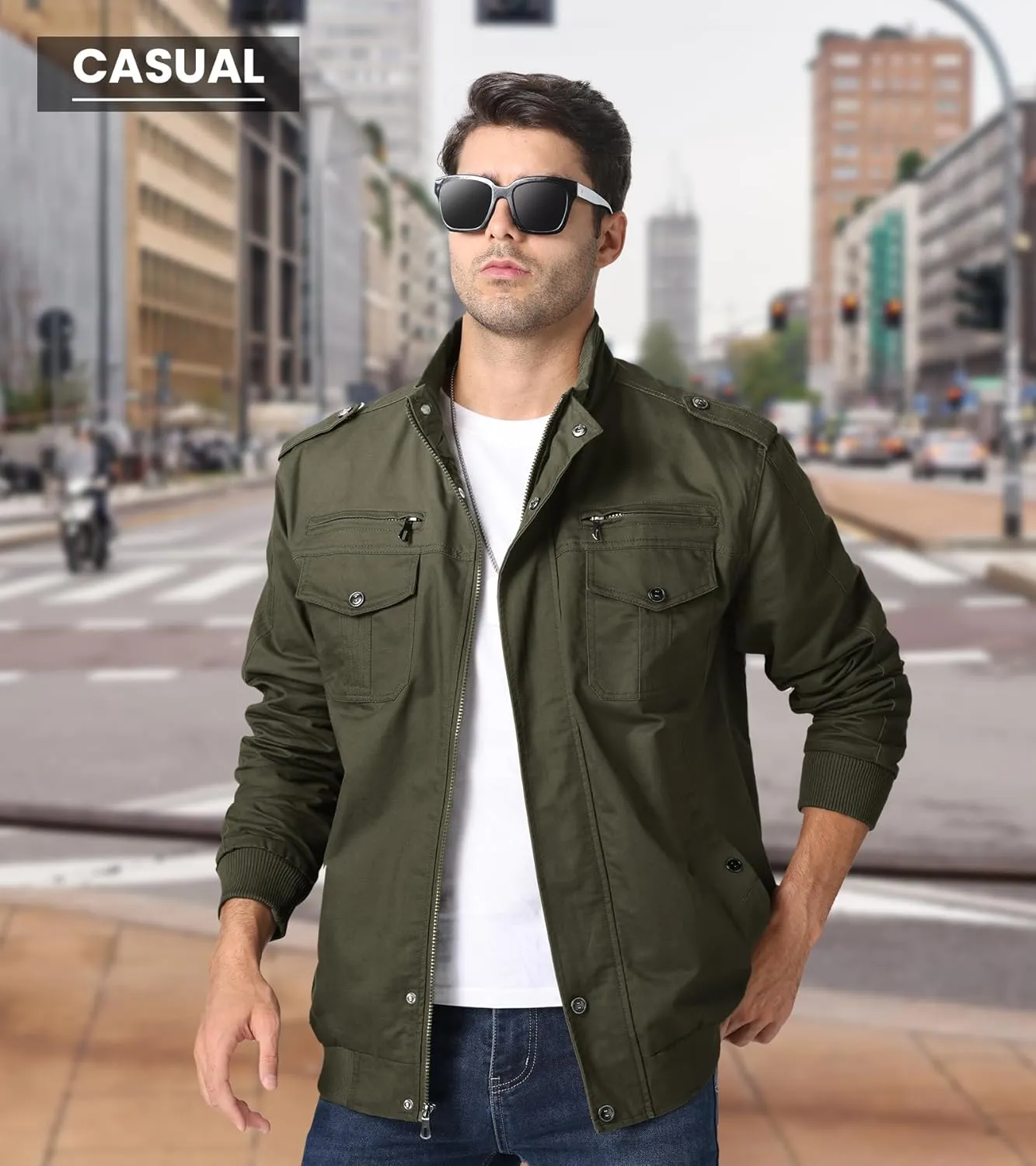 EKLENTSON Men's Cotton Lightweight Multi Pockets Zip Front Stand Collar Military Jackets Windbreaker