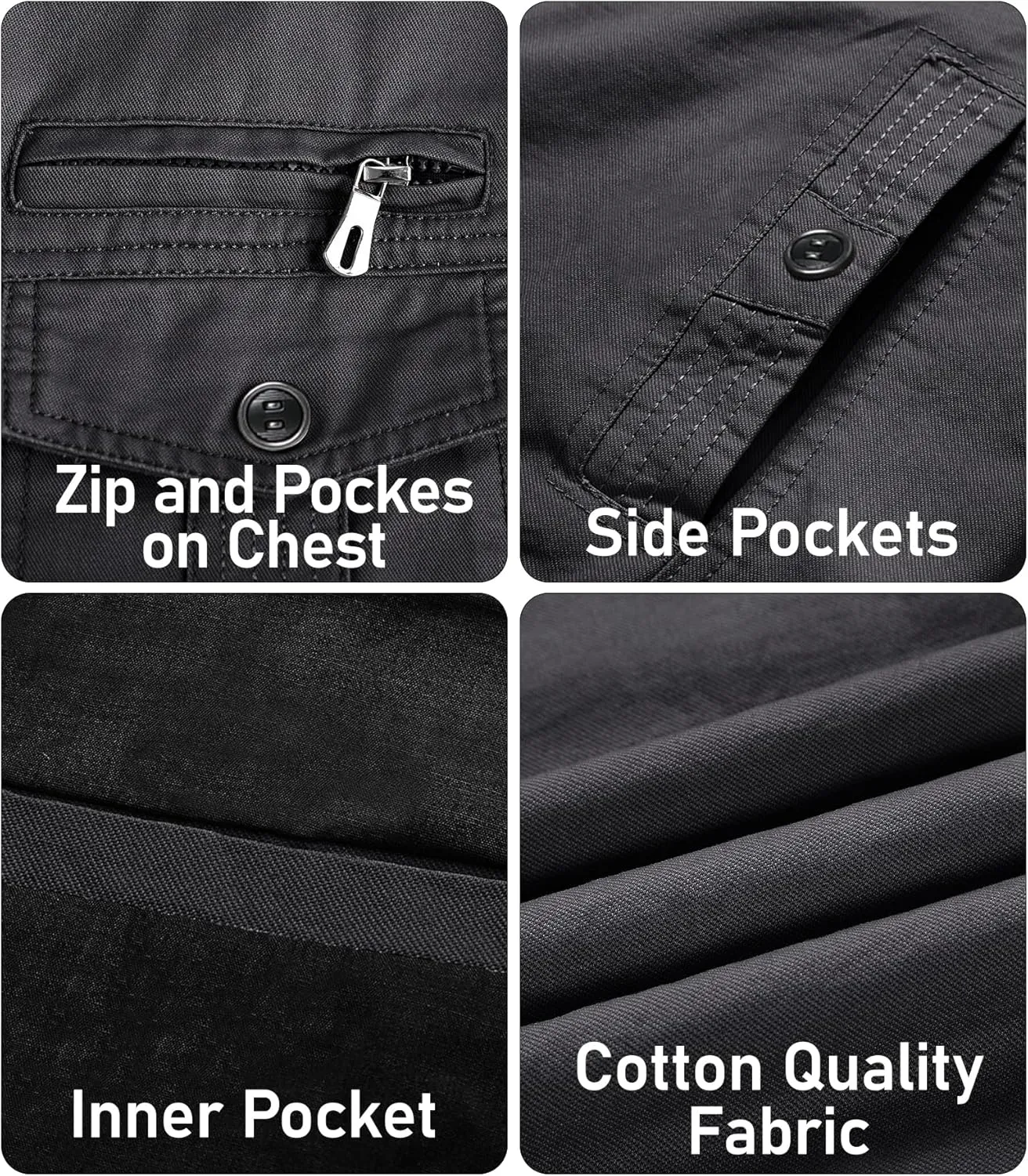 EKLENTSON Men's Cotton Lightweight Multi Pockets Zip Front Stand Collar Military Jackets Windbreaker