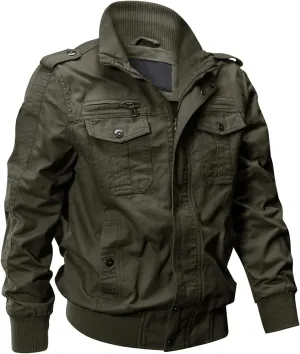 EKLENTSON Men's Cotton Lightweight Multi Pockets Zip Front Stand Collar Military Jackets Windbreaker