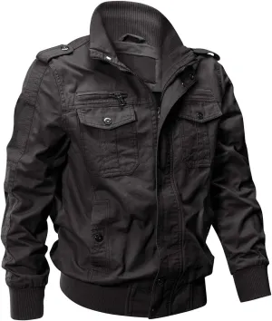 EKLENTSON Men's Cotton Lightweight Multi Pockets Zip Front Stand Collar Military Jackets Windbreaker