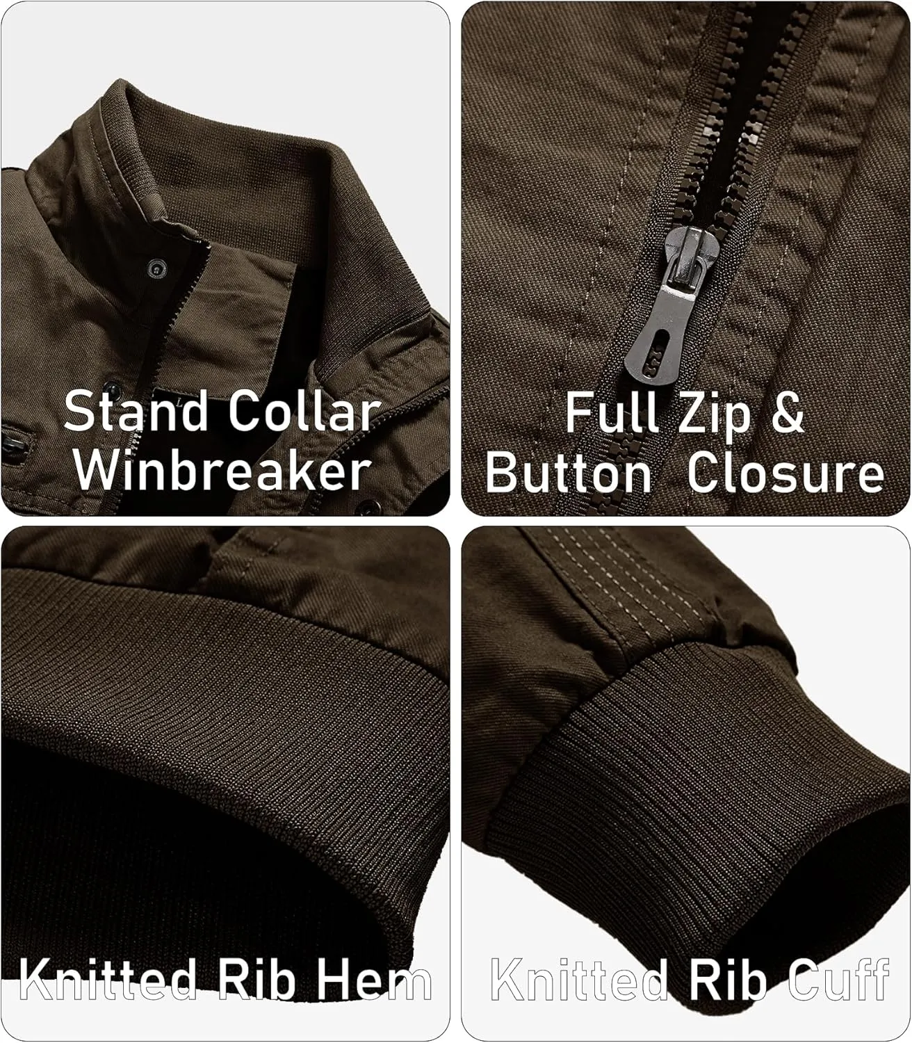 EKLENTSON Men's Cotton Lightweight Multi Pockets Zip Front Stand Collar Military Jackets Windbreaker