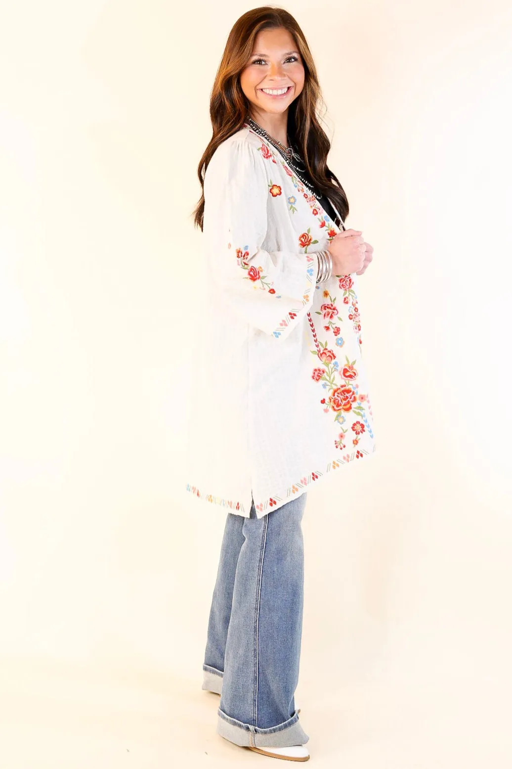 Enchanting Escapes Floral Embroidered 3/4 Sleeve Kimono in Ivory