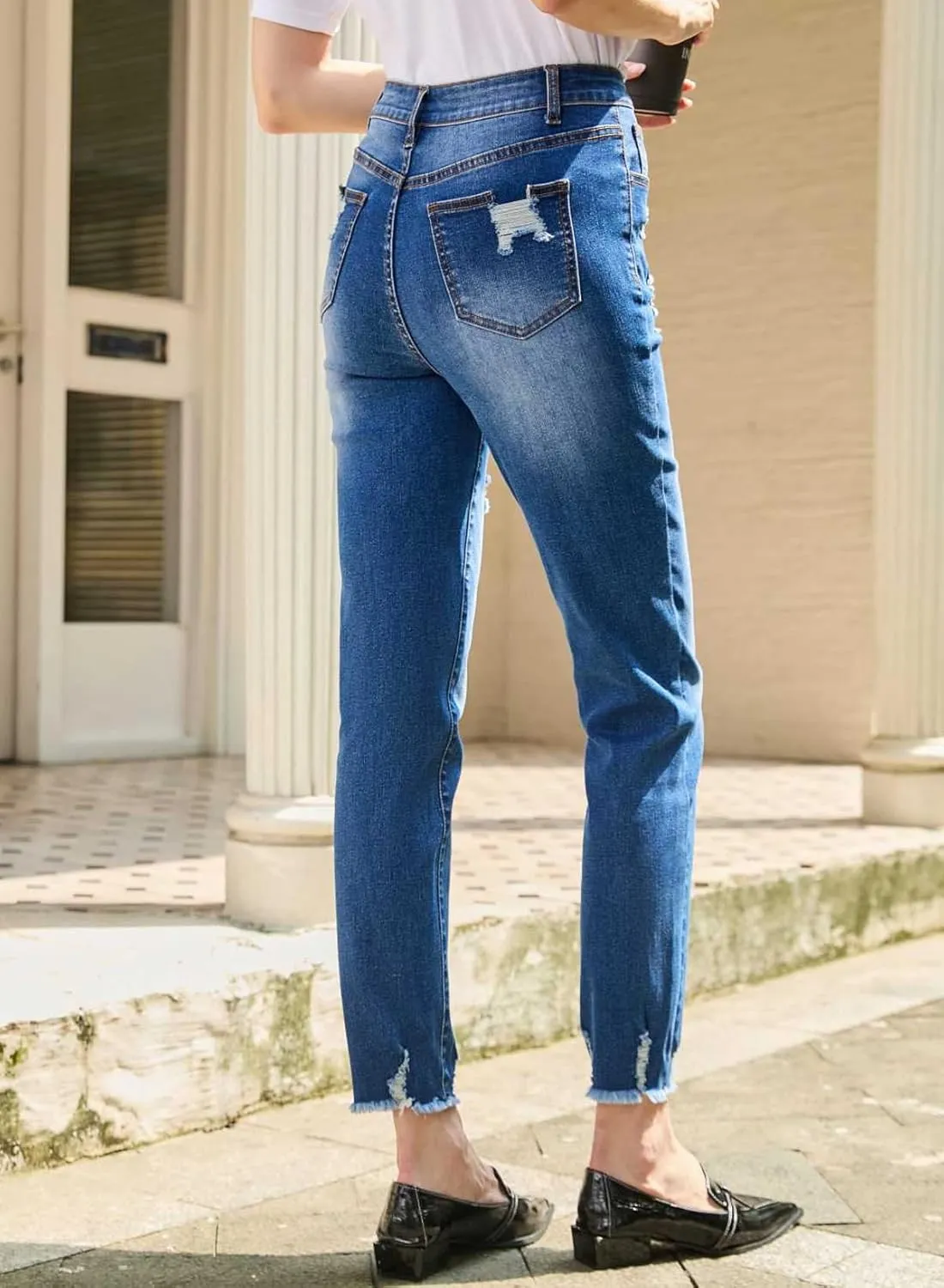 EVALESS Womens Jeans Mid Waisted Stretchy Ripped Distressed Tummy Control Straight Ankle Jean for Women Trendy 2025