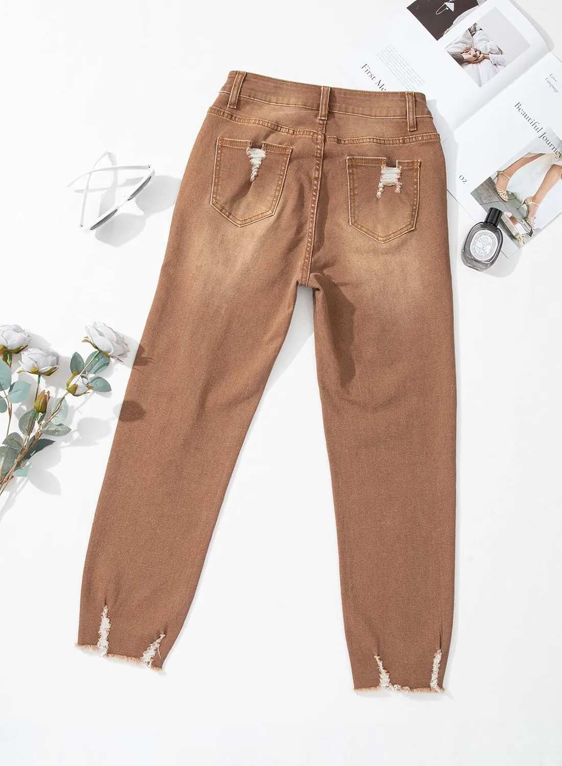 EVALESS Womens Jeans Mid Waisted Stretchy Ripped Distressed Tummy Control Straight Ankle Jean for Women Trendy 2025