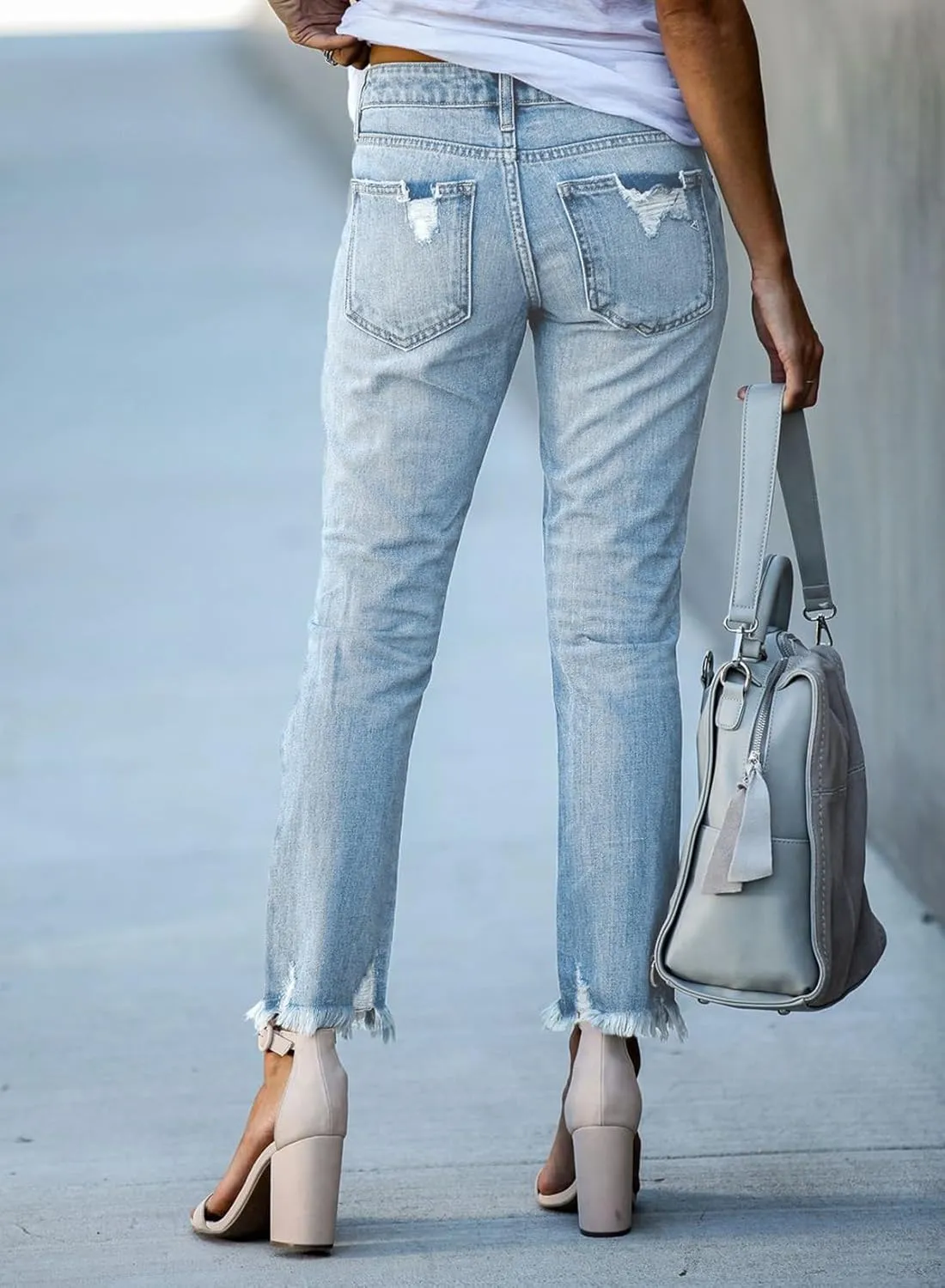 EVALESS Womens Jeans Mid Waisted Stretchy Ripped Distressed Tummy Control Straight Ankle Jean for Women Trendy 2025