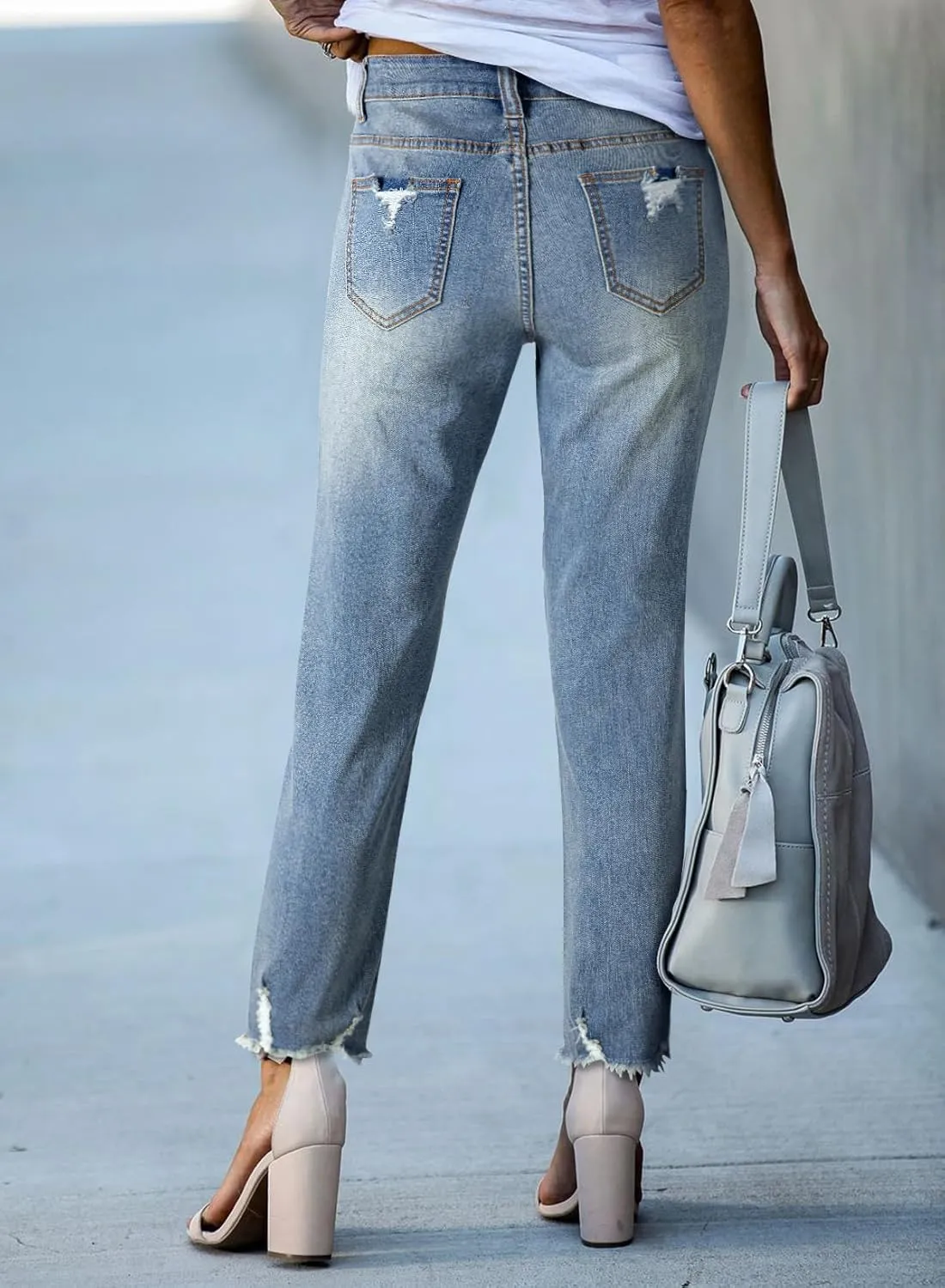 EVALESS Womens Jeans Mid Waisted Stretchy Ripped Distressed Tummy Control Straight Ankle Jean for Women Trendy 2025