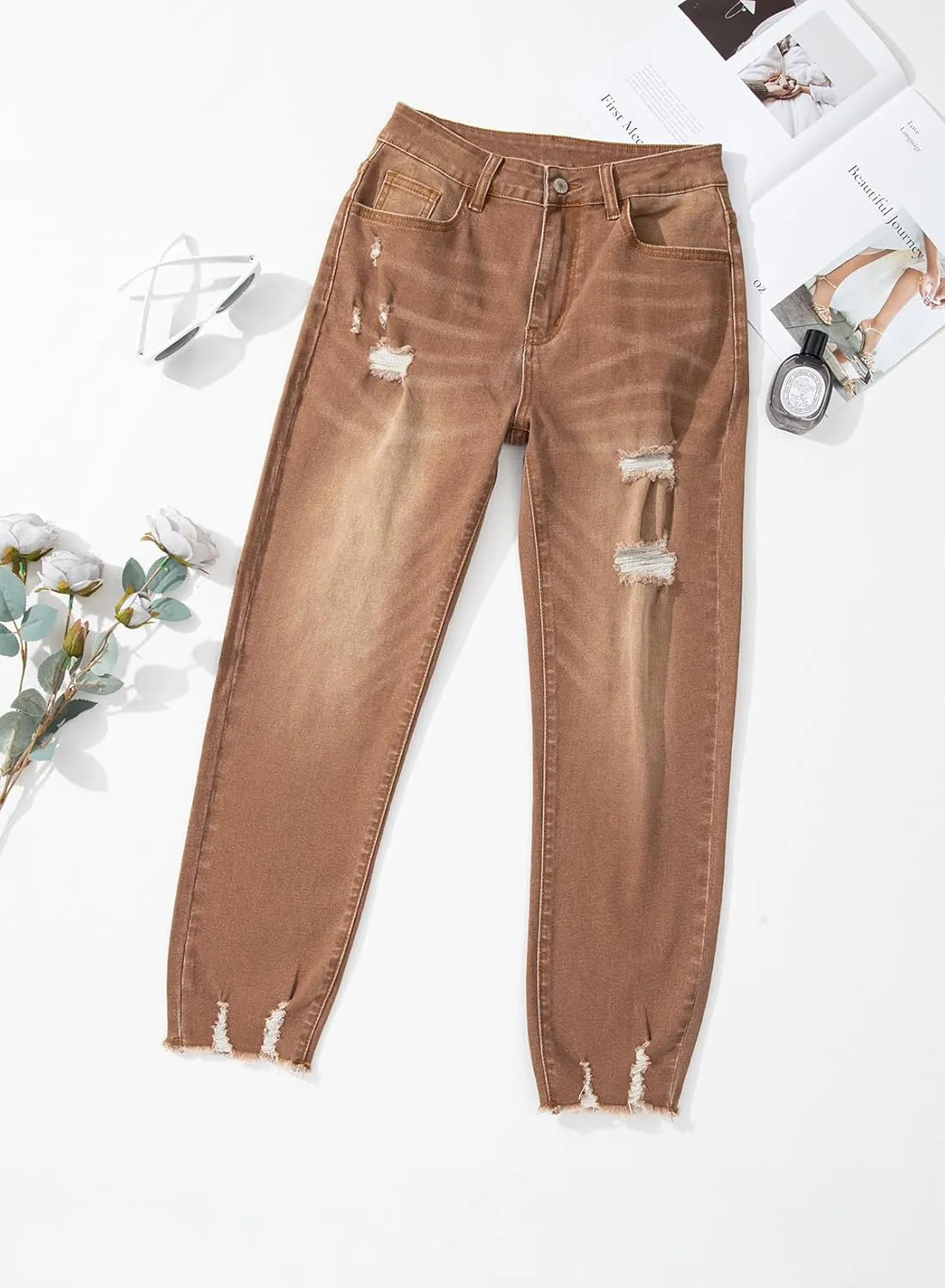 EVALESS Womens Jeans Mid Waisted Stretchy Ripped Distressed Tummy Control Straight Ankle Jean for Women Trendy 2025
