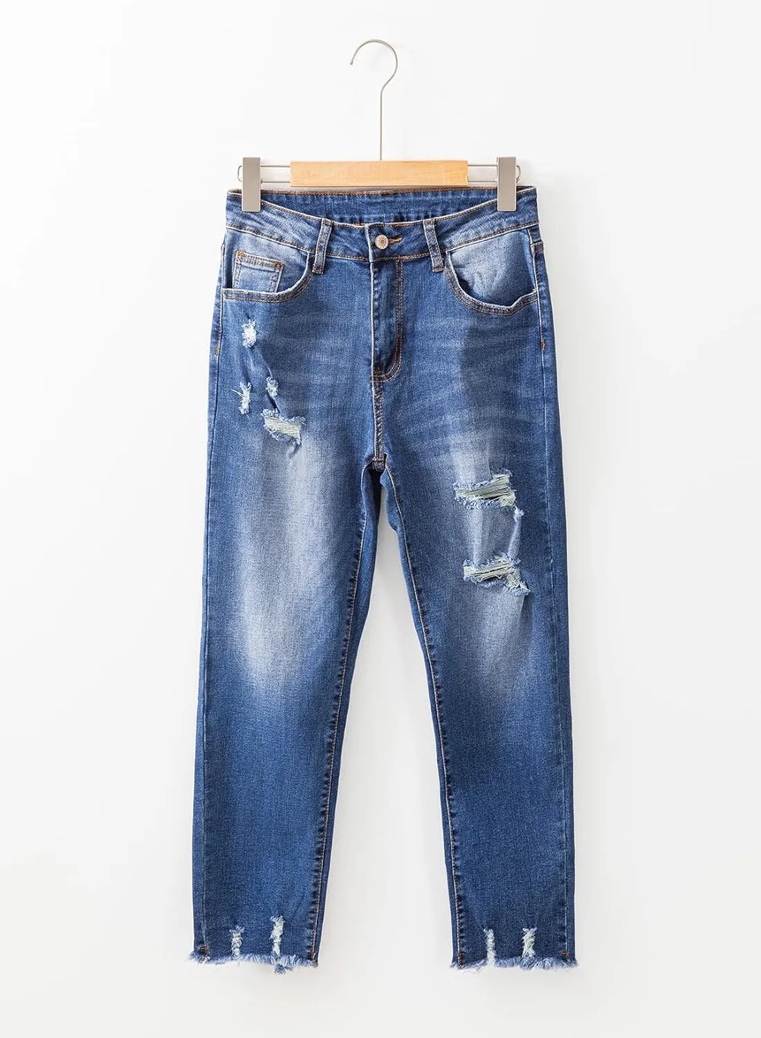 EVALESS Womens Jeans Mid Waisted Stretchy Ripped Distressed Tummy Control Straight Ankle Jean for Women Trendy 2025