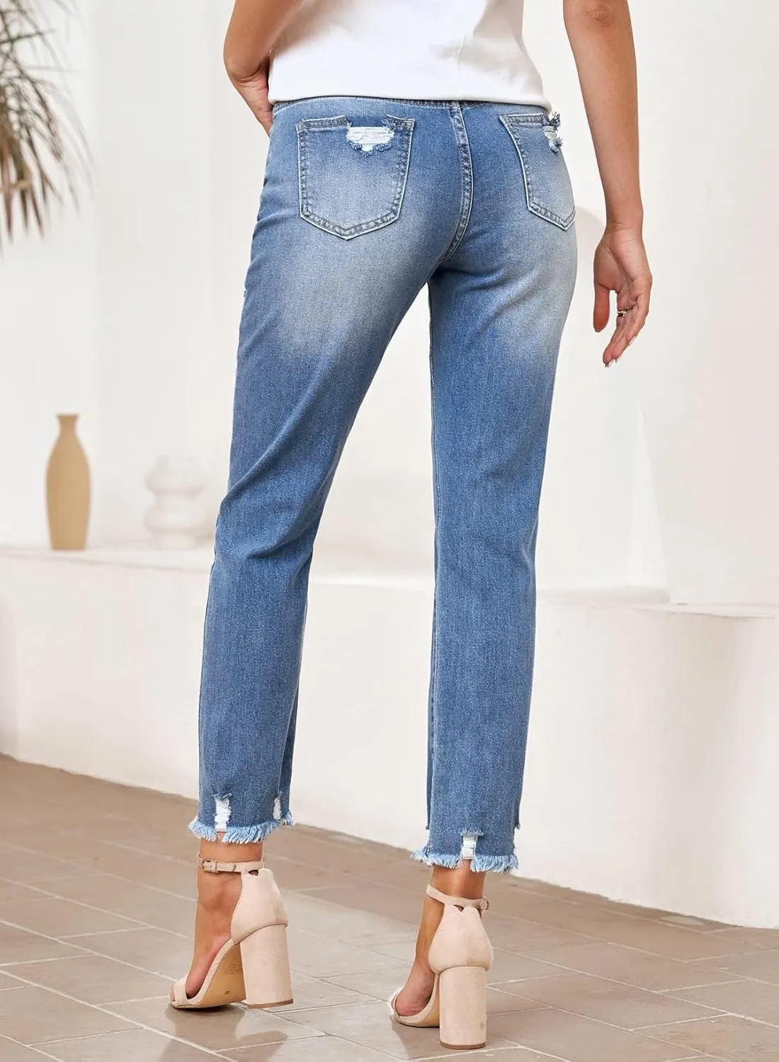 EVALESS Womens Jeans Mid Waisted Stretchy Ripped Distressed Tummy Control Straight Ankle Jean for Women Trendy 2025