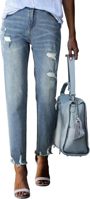 EVALESS Womens Jeans Mid Waisted Stretchy Ripped Distressed Tummy Control Straight Ankle Jean for Women Trendy 2025