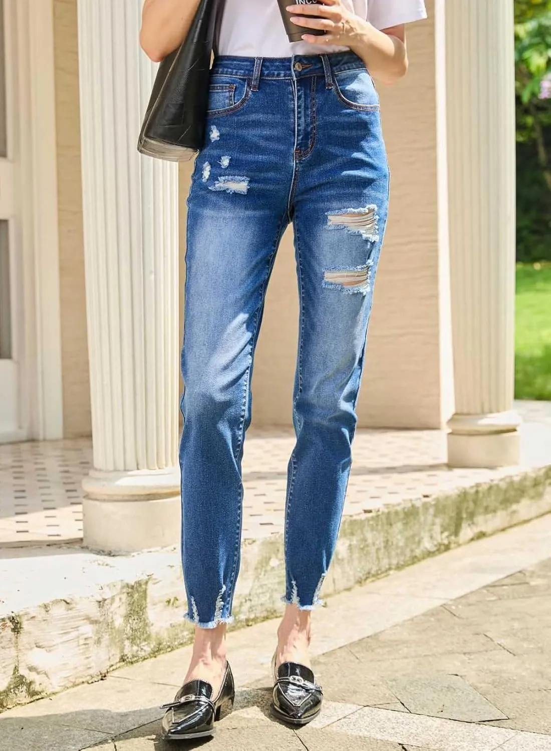 EVALESS Womens Jeans Mid Waisted Stretchy Ripped Distressed Tummy Control Straight Ankle Jean for Women Trendy 2025