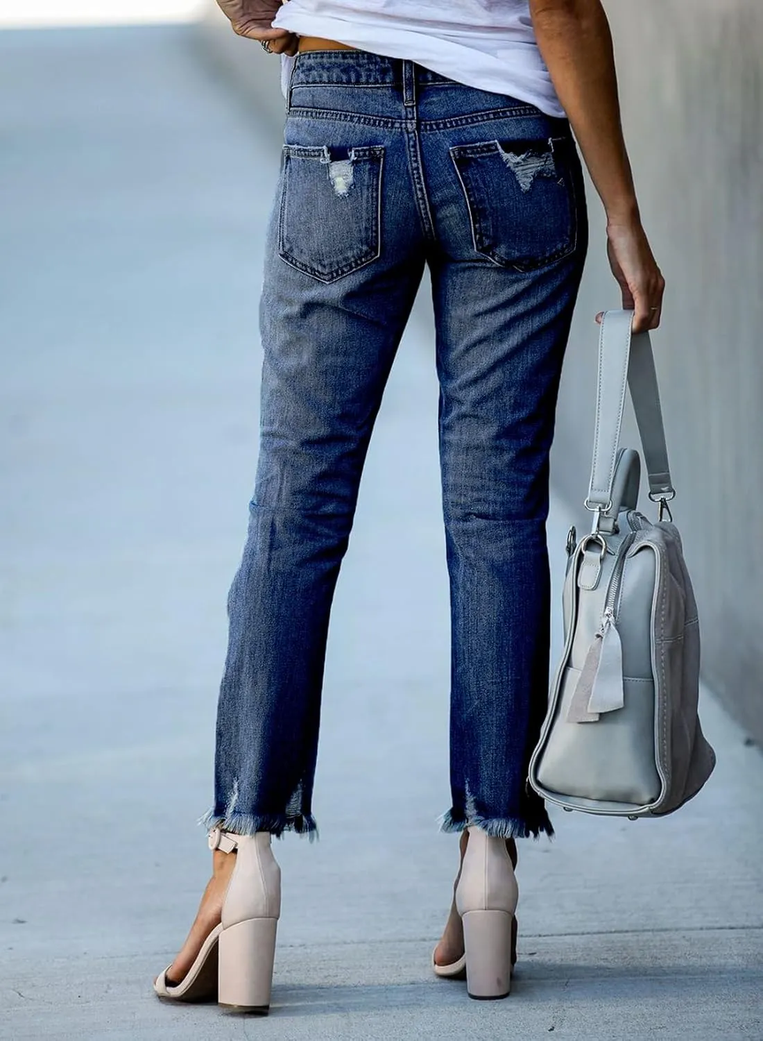 EVALESS Womens Jeans Mid Waisted Stretchy Ripped Distressed Tummy Control Straight Ankle Jean for Women Trendy 2025