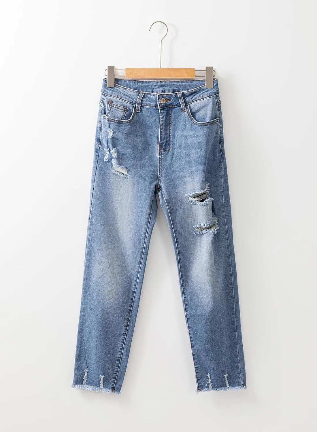 EVALESS Womens Jeans Mid Waisted Stretchy Ripped Distressed Tummy Control Straight Ankle Jean for Women Trendy 2025