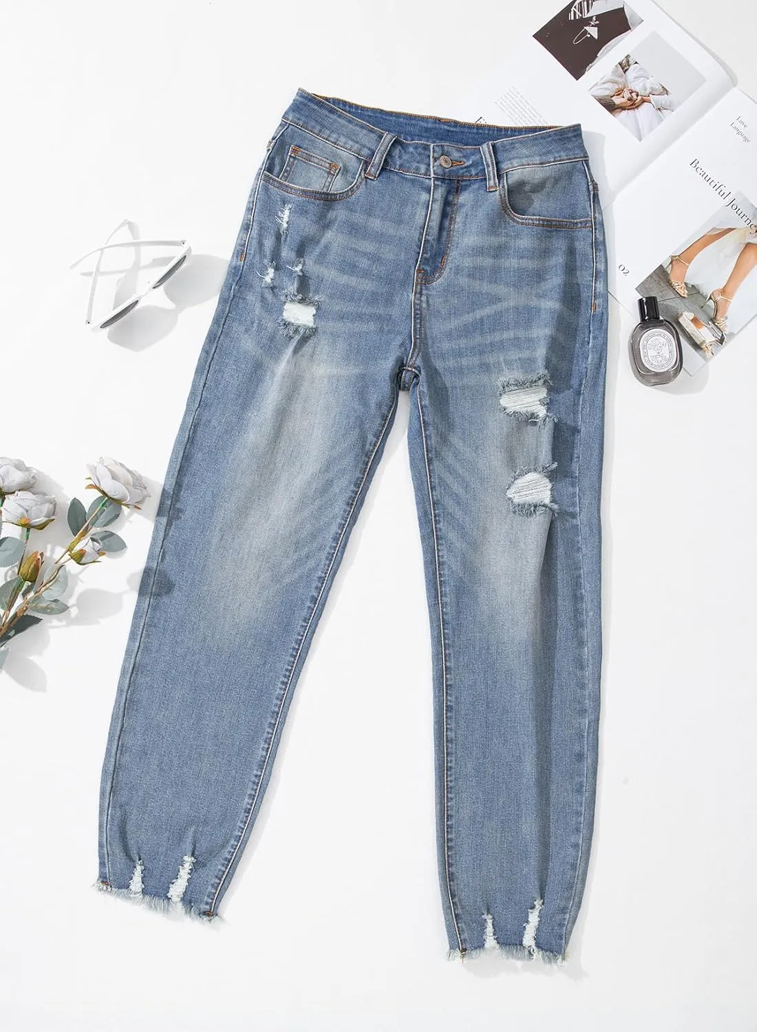 EVALESS Womens Jeans Mid Waisted Stretchy Ripped Distressed Tummy Control Straight Ankle Jean for Women Trendy 2025