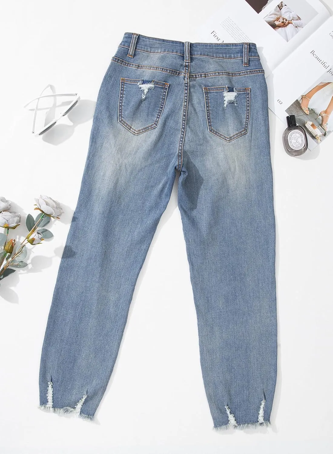 EVALESS Womens Jeans Mid Waisted Stretchy Ripped Distressed Tummy Control Straight Ankle Jean for Women Trendy 2025