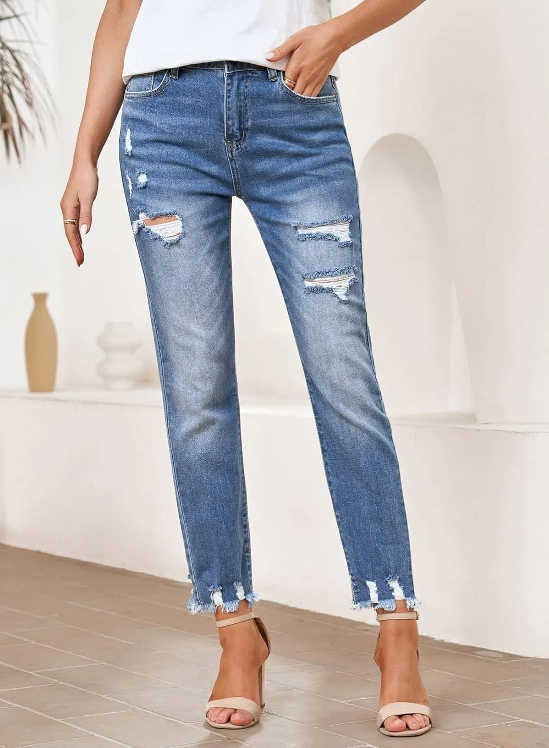 EVALESS Womens Jeans Mid Waisted Stretchy Ripped Distressed Tummy Control Straight Ankle Jean for Women Trendy 2025