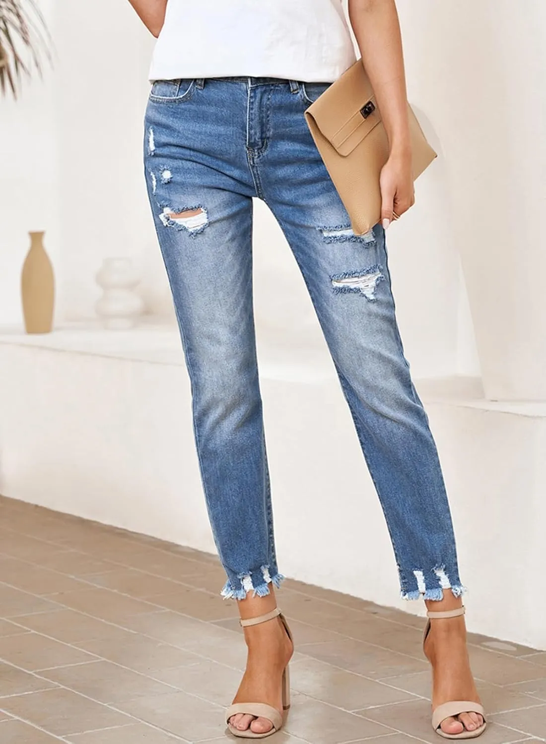 EVALESS Womens Jeans Mid Waisted Stretchy Ripped Distressed Tummy Control Straight Ankle Jean for Women Trendy 2025