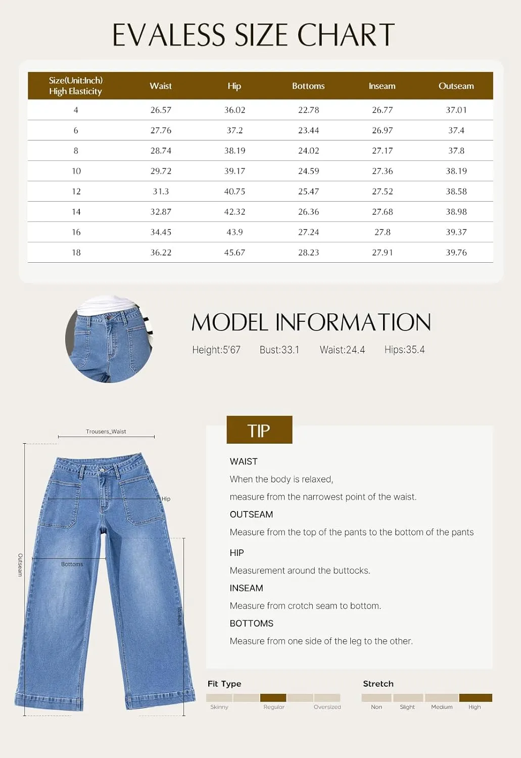 EVALESS Womens Wide Leg Jeans High Waisted Stretchy Loose Denim Pants