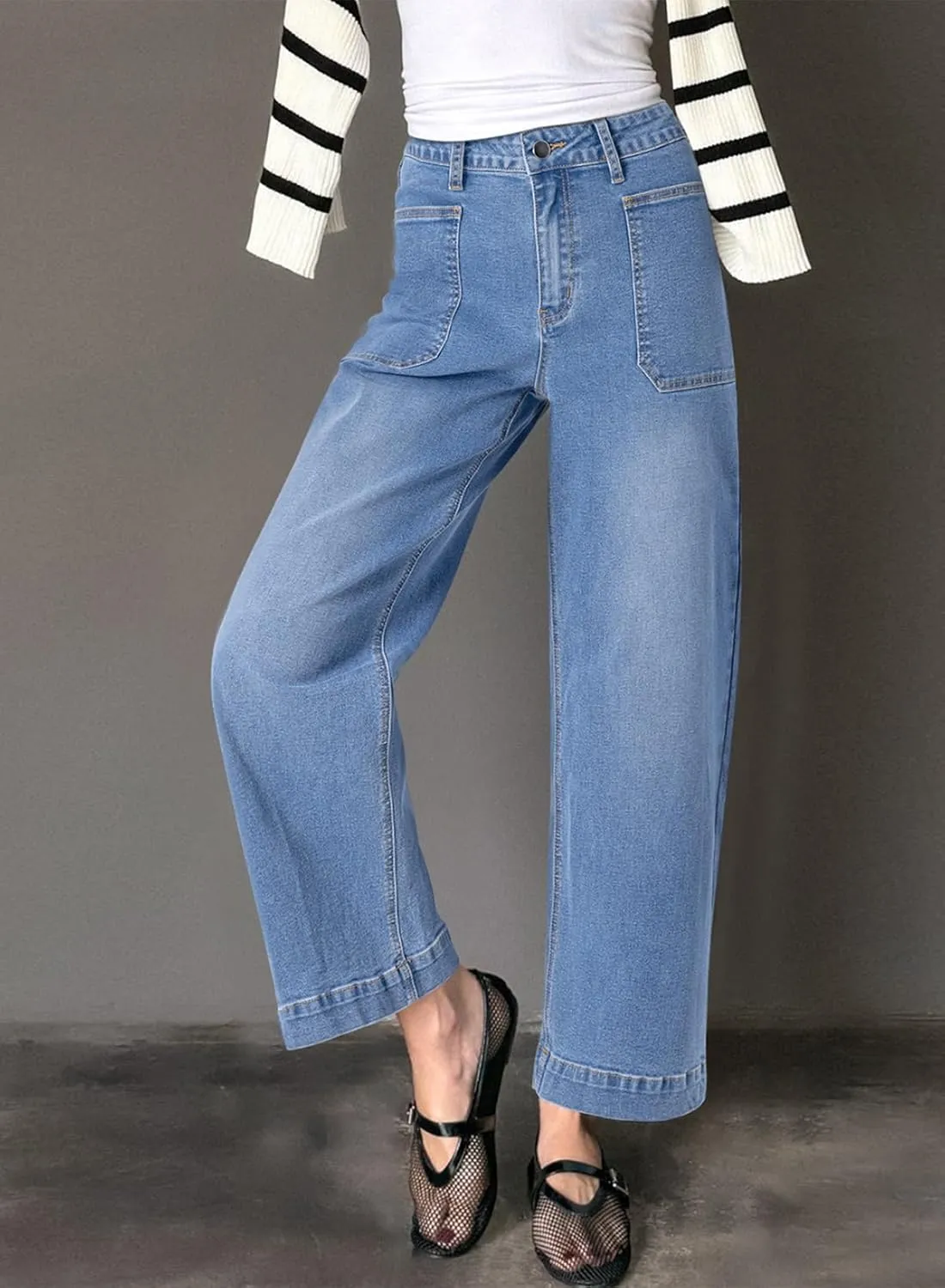 EVALESS Womens Wide Leg Jeans High Waisted Stretchy Loose Denim Pants