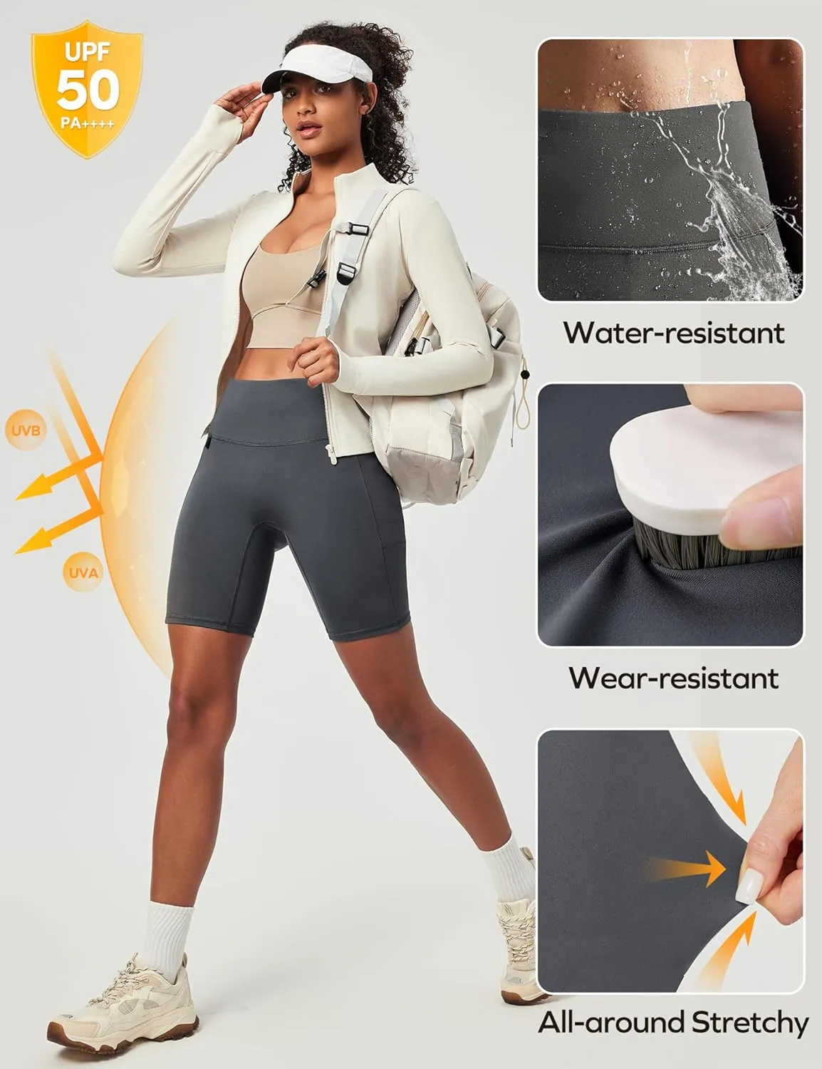 Ewedoos Biker Shorts Women Tummy Control with 4 Pockets No Front Seam Hiking Workout Spandex Shorts High Waisted UPF50 