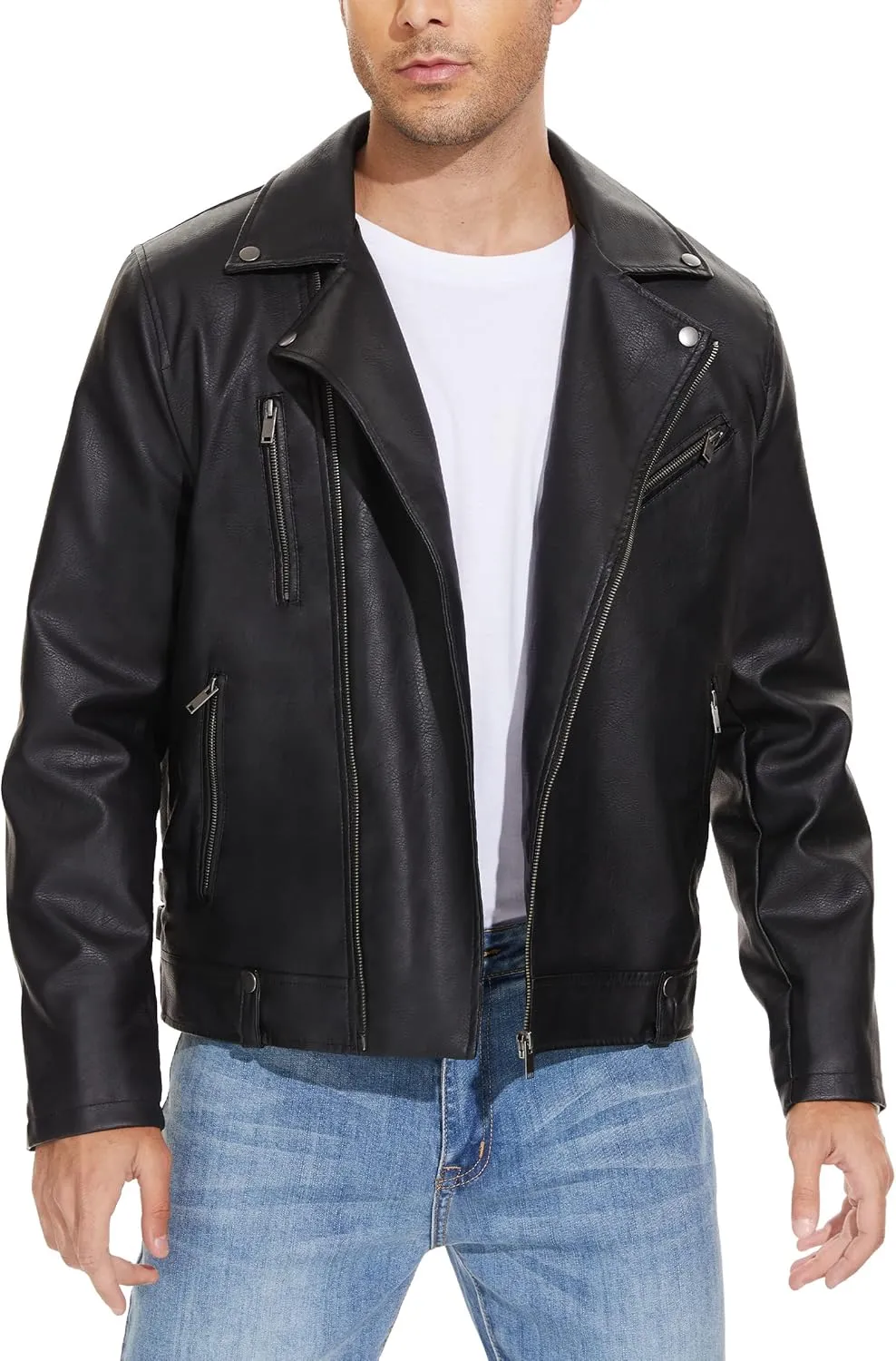 Fahsyee Leather Jackets for Men, Faux Bomber Jacket Mens Motorcycle Lapel Asymmetric Zip-Up Belt Slim Fit Biker Coat
