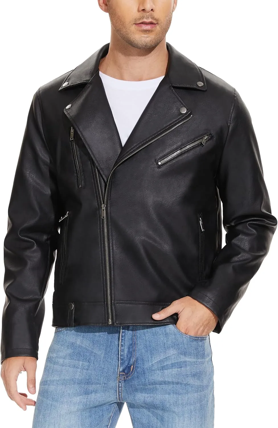 Fahsyee Leather Jackets for Men, Faux Bomber Jacket Mens Motorcycle Lapel Asymmetric Zip-Up Belt Slim Fit Biker Coat