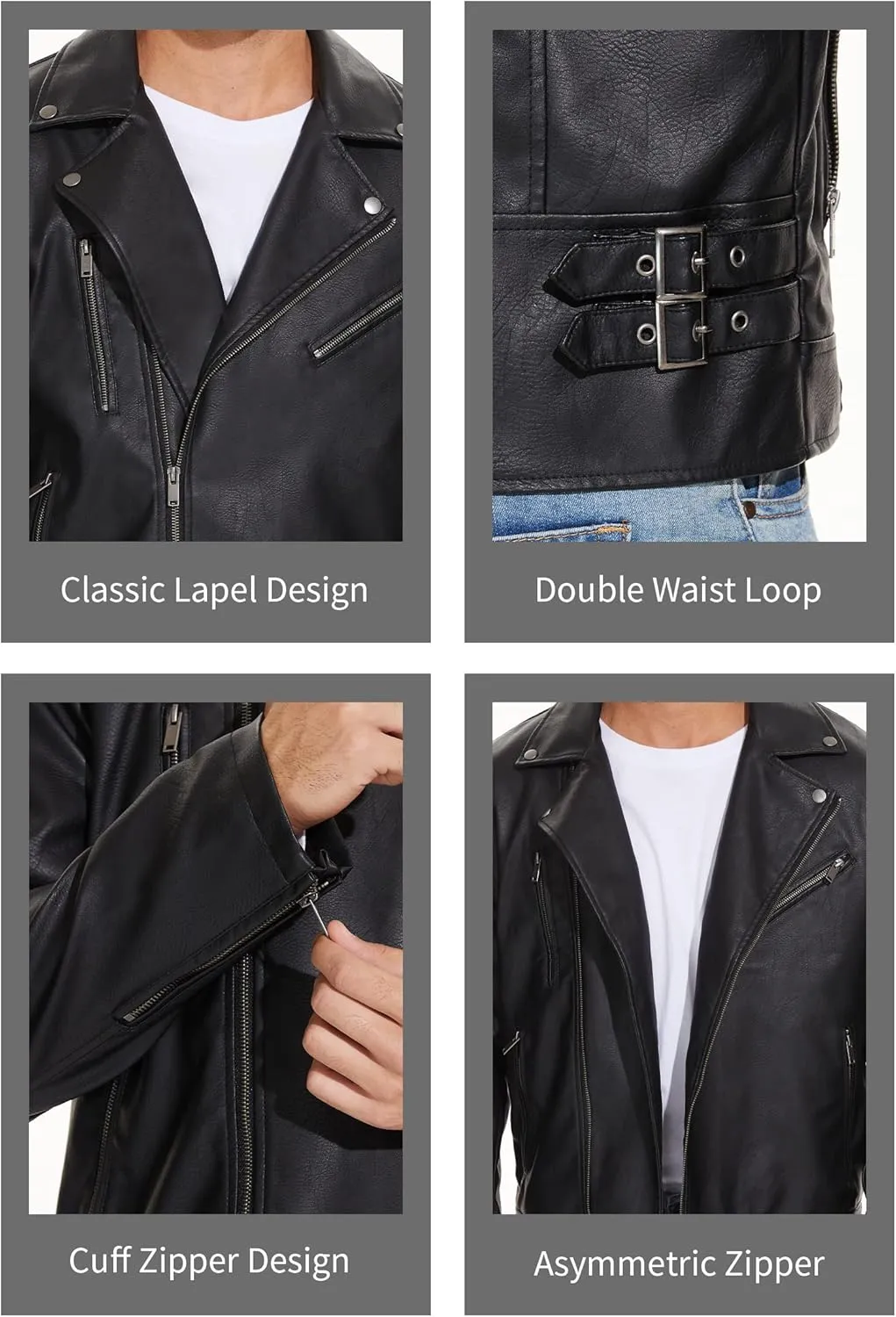 Fahsyee Leather Jackets for Men, Faux Bomber Jacket Mens Motorcycle Lapel Asymmetric Zip-Up Belt Slim Fit Biker Coat