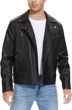 Fahsyee Leather Jackets for Men, Faux Bomber Jacket Mens Motorcycle Lapel Asymmetric Zip-Up Belt Slim Fit Biker Coat