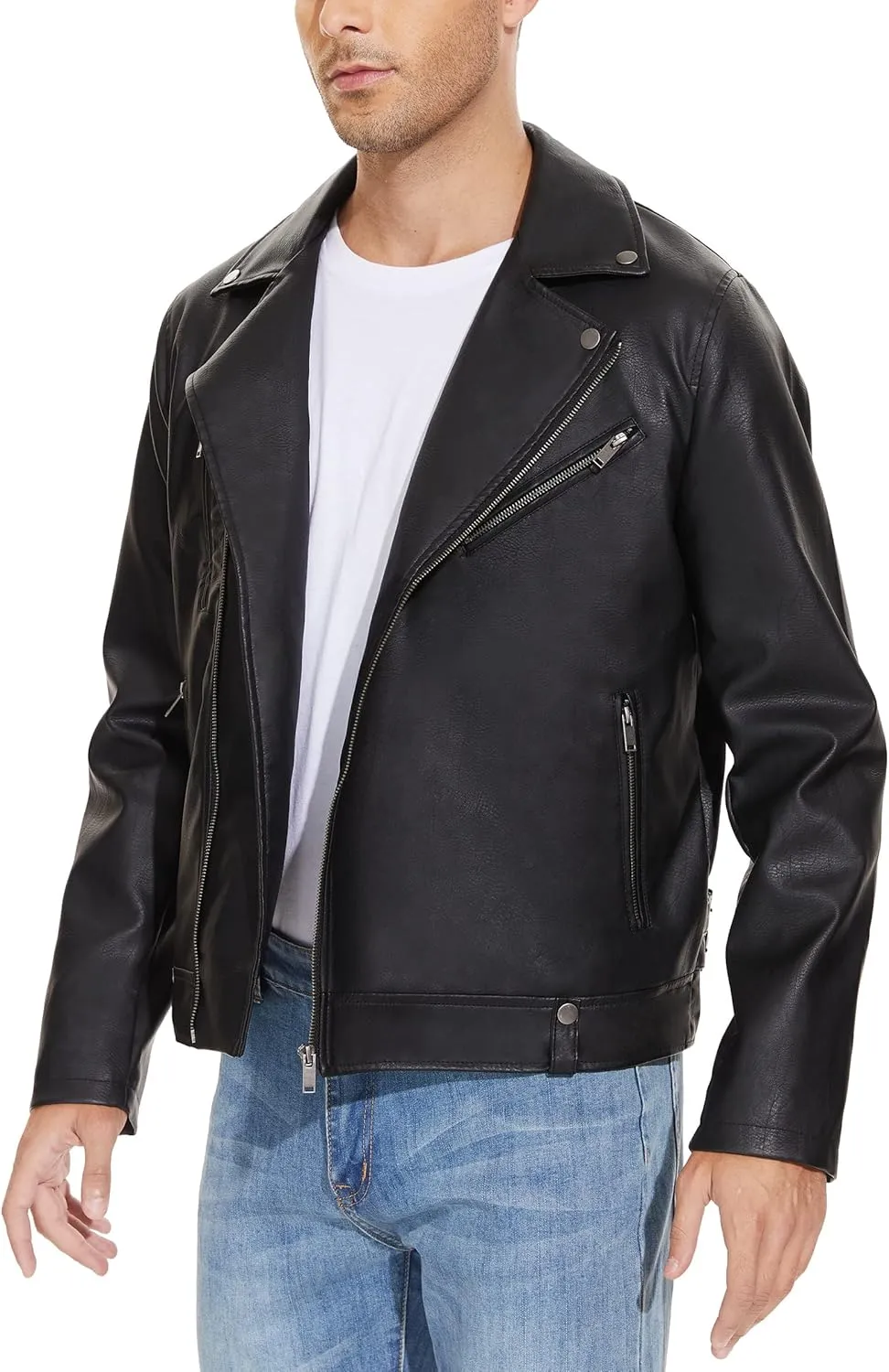 Fahsyee Leather Jackets for Men, Faux Bomber Jacket Mens Motorcycle Lapel Asymmetric Zip-Up Belt Slim Fit Biker Coat