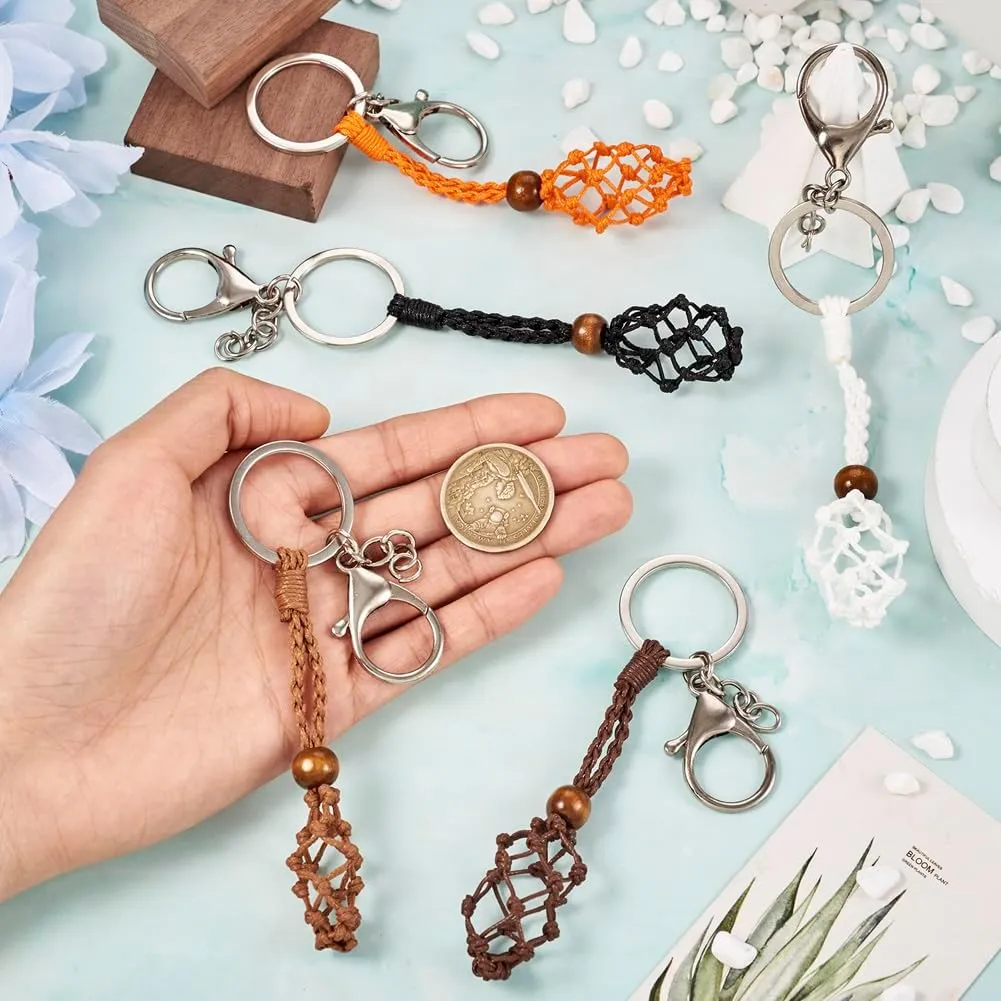 FASHEWELRY 5pcs Stone Holder Keychain Healing Crystal Cage Keychain Adjustable Empty Gemstone Keyring Holder Mixed Color for Women Men Car Key