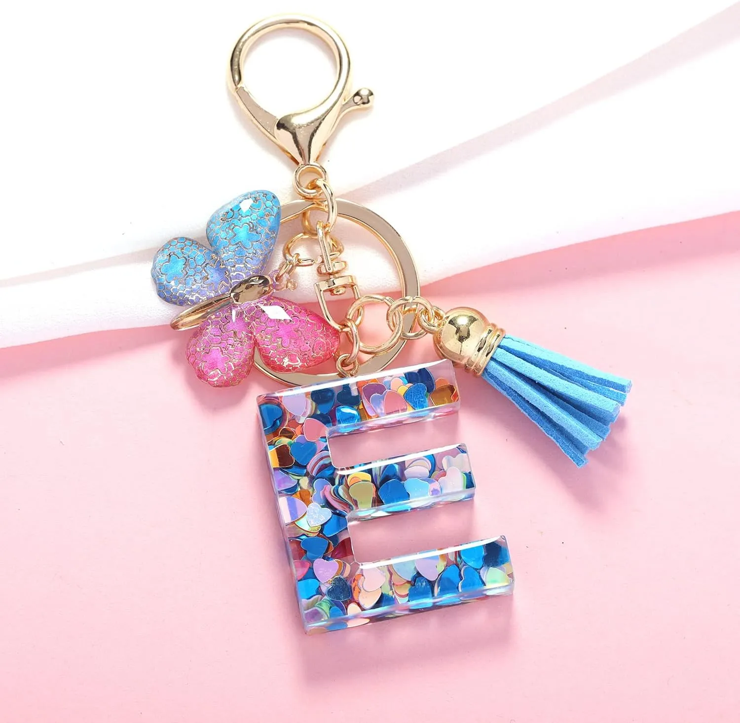 Fashion Alphabet Initial Letter Keychain Tassel Butterfly Pendant Key Ring for Purse Handbags Women Girl