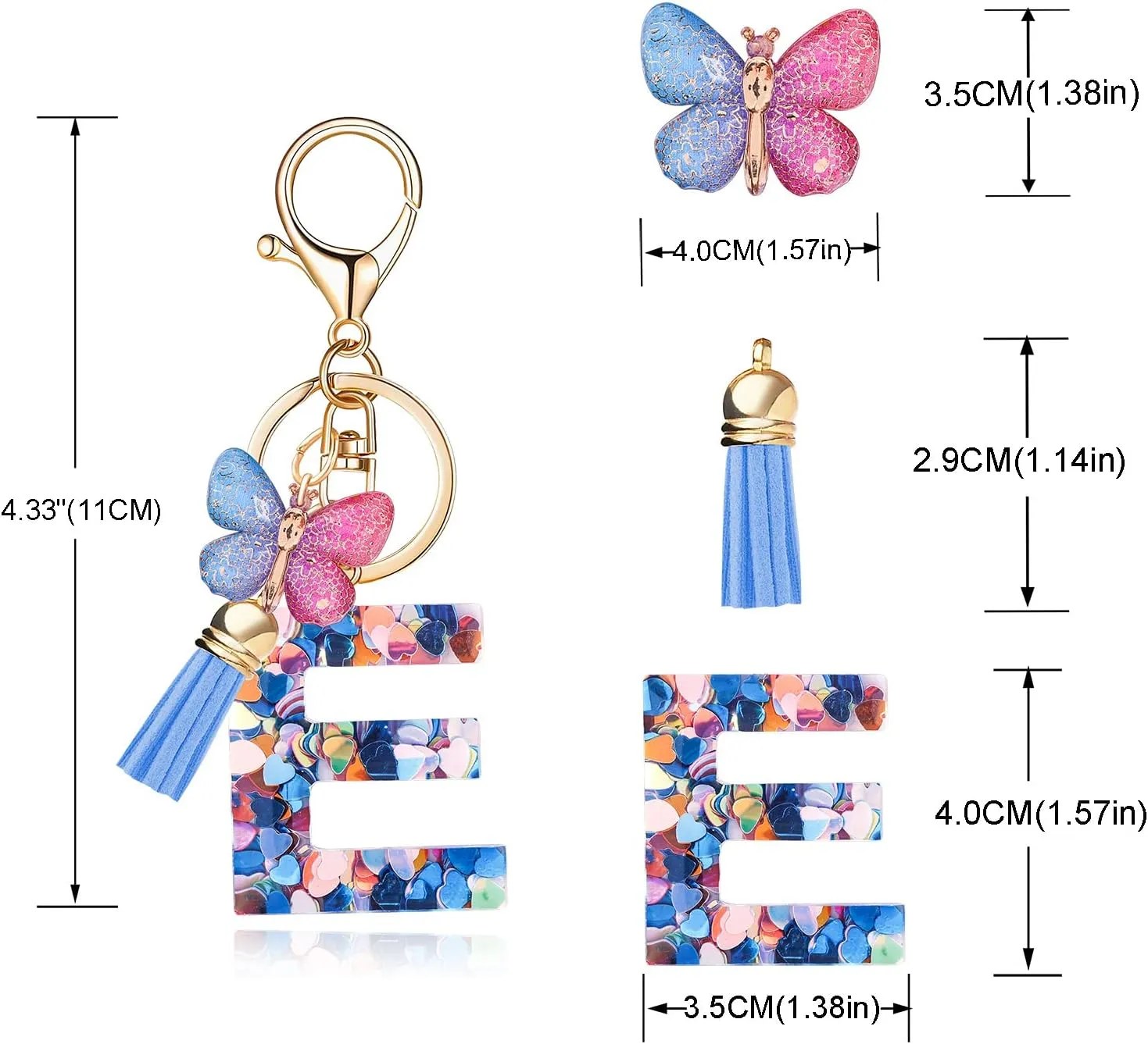 Fashion Alphabet Initial Letter Keychain Tassel Butterfly Pendant Key Ring for Purse Handbags Women Girl