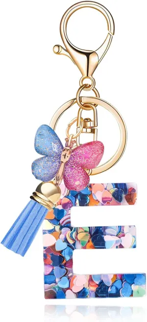 Fashion Alphabet Initial Letter Keychain Tassel Butterfly Pendant Key Ring for Purse Handbags Women Girl