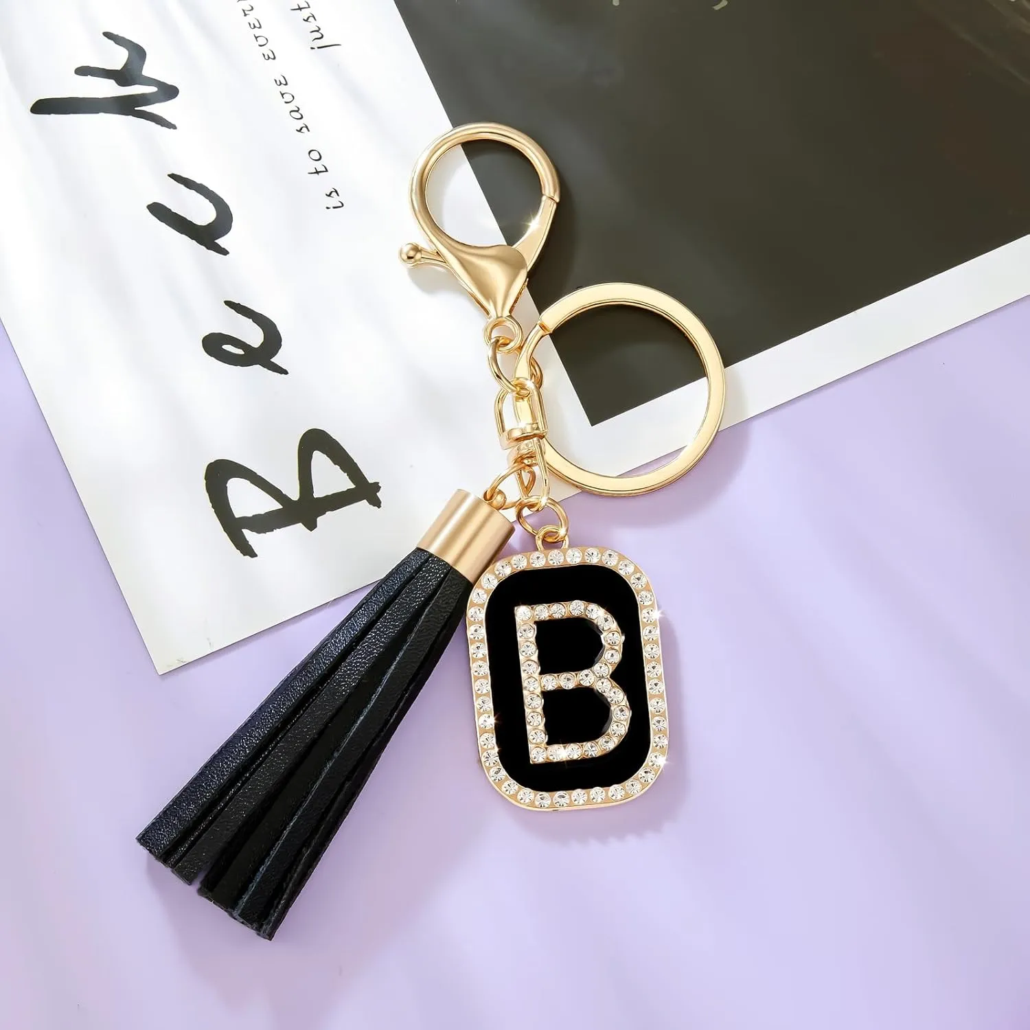 Fashion Cubic Zirconia Crystal Alphabet Initial Letter Keychain Tassel Pendant Key Ring for Purse Handbags Women Girl