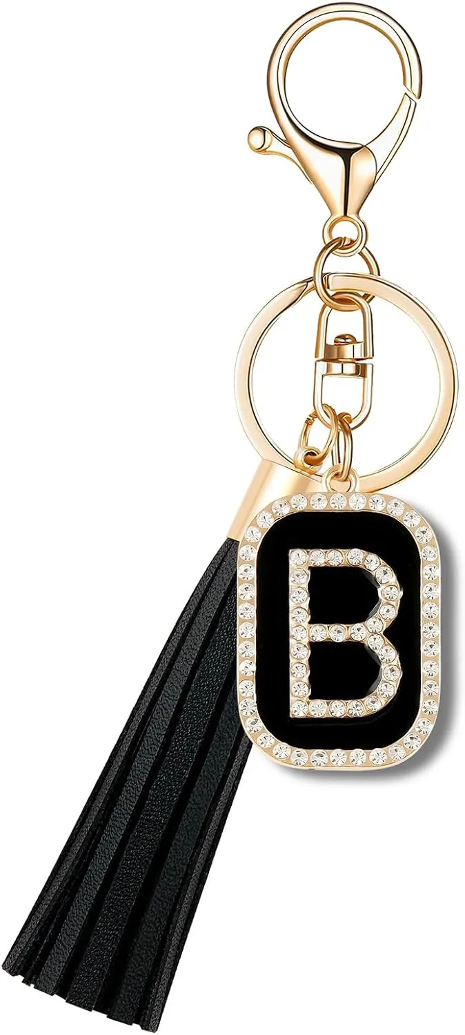 Fashion Cubic Zirconia Crystal Alphabet Initial Letter Keychain Tassel Pendant Key Ring for Purse Handbags Women Girl