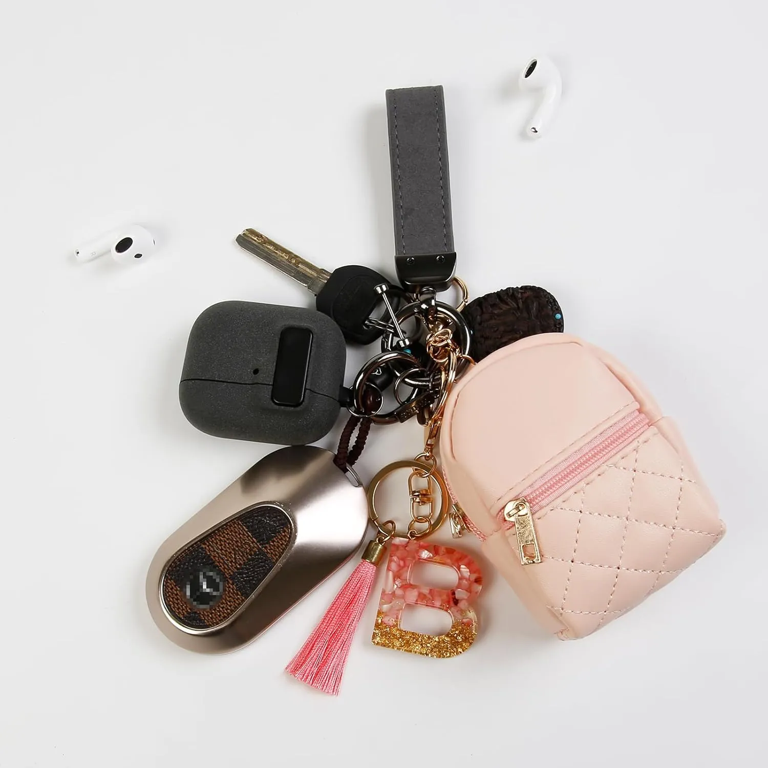 Fashion Cute Pink Initial Letter Keychain Gift for Women Girls, Mini Makeup Bag Backpack Car Key Accessories Lanyard