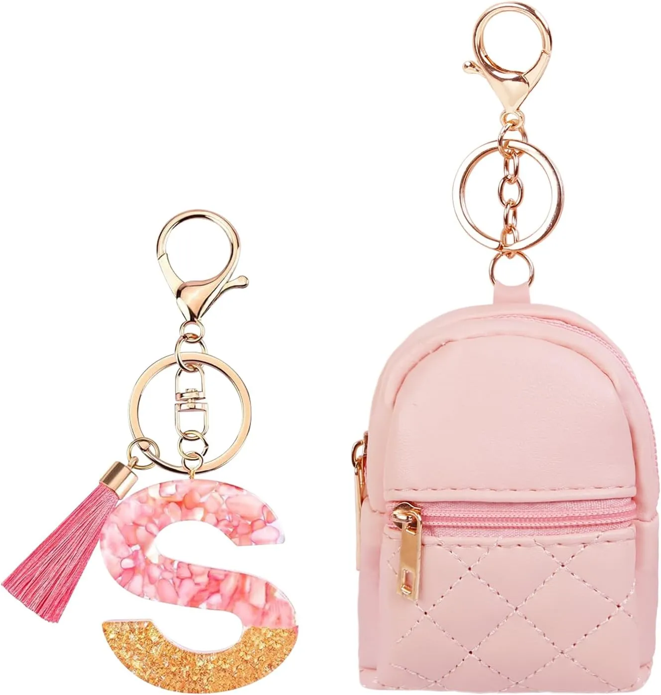 Fashion Cute Pink Initial Letter Keychain Gift for Women Girls, Mini Makeup Bag Backpack Car Key Accessories Lanyard