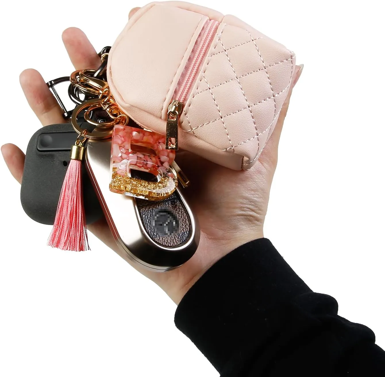 Fashion Cute Pink Initial Letter Keychain Gift for Women Girls, Mini Makeup Bag Backpack Car Key Accessories Lanyard