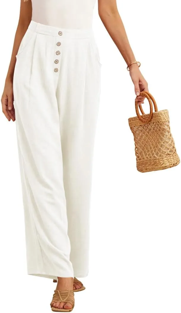 Feiersi Women's Linen Wide Leg Pants High Waisted Business Casual Palazzo Flowy Trousers with Pockets