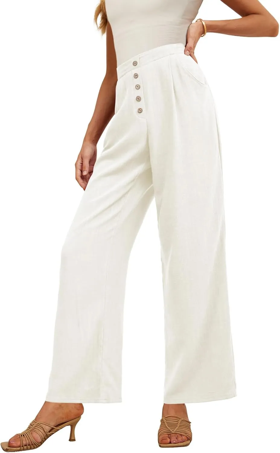 Feiersi Women's Linen Wide Leg Pants High Waisted Business Casual Palazzo Flowy Trousers with Pockets