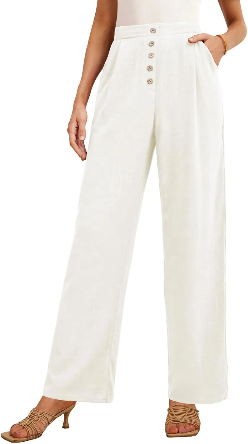Feiersi Women's Linen Wide Leg Pants High Waisted Business Casual Palazzo Flowy Trousers with Pockets
