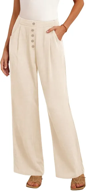 Feiersi Women's Linen Wide Leg Pants High Waisted Business Casual Palazzo Flowy Trousers with Pockets