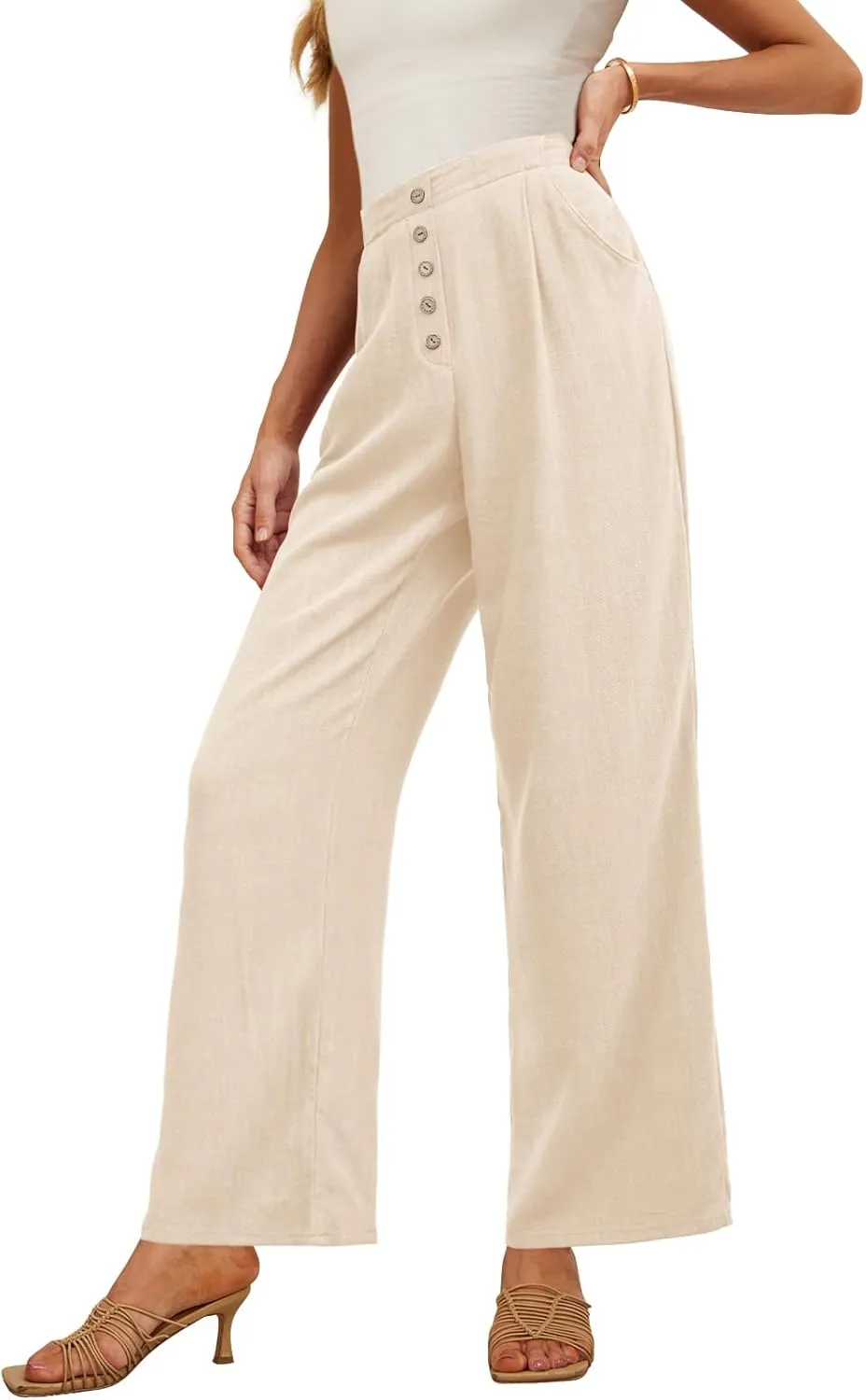 Feiersi Women's Linen Wide Leg Pants High Waisted Business Casual Palazzo Flowy Trousers with Pockets