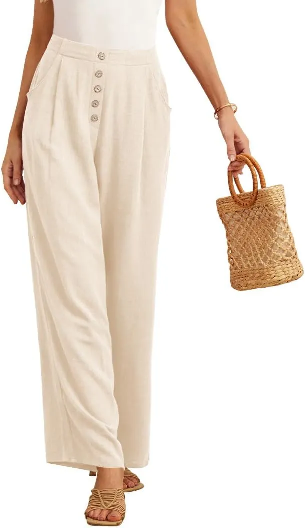 Feiersi Women's Linen Wide Leg Pants High Waisted Business Casual Palazzo Flowy Trousers with Pockets